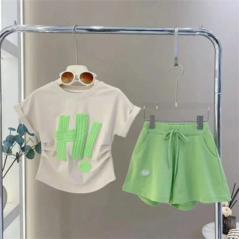 Girls Clothes Sets 2024 Summer Children Short-sleeved Suit Teenage Girls Letter T-shirt Shorts Tracksuit Outfit Clothing Set - M & M Global