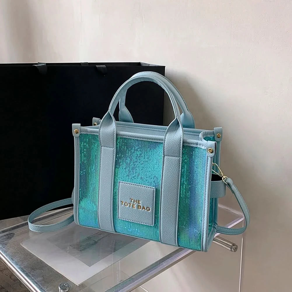 New The Tote Bag Letter Printed Sequins Top-Handle Bag Women Leather Handbag Luxury Designer Glitter Shoulder Crossbody Bag - M & M Global