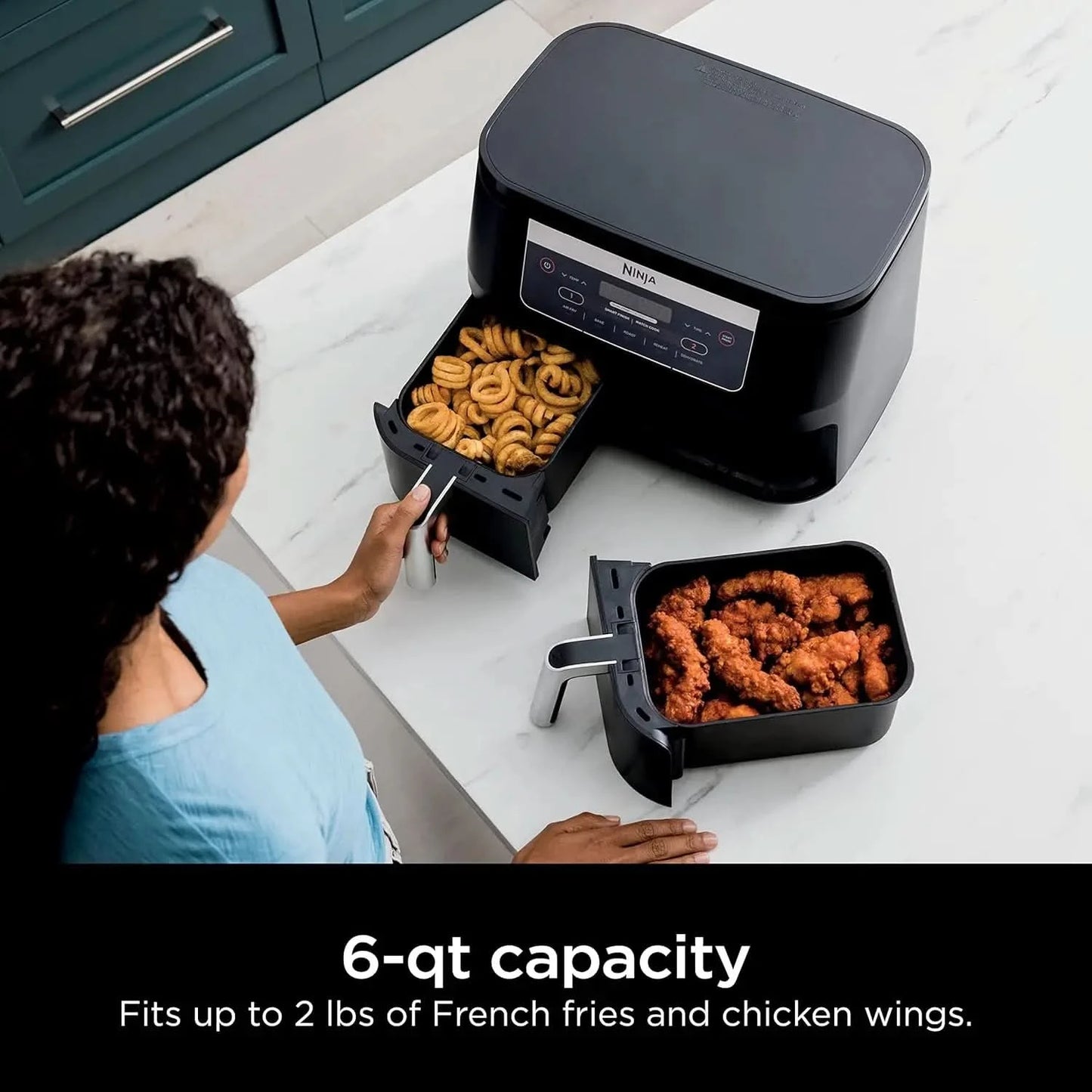 DZ090 Foodi 6 Quart 5-in-1 DualZone 2-Basket Air Fryer with 2 Independent Frying Baskets, Match Cook & Smart Finish to Roast, Ba - M & M Global