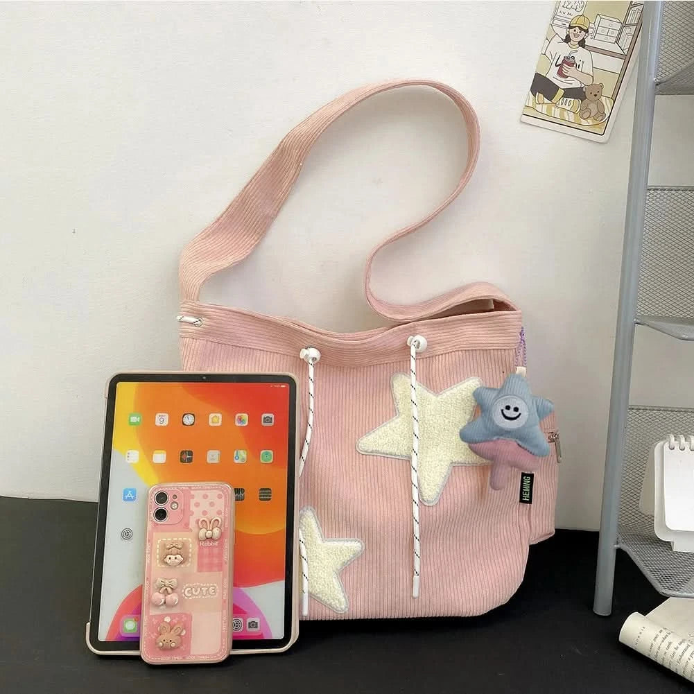 Women Star Pattern Corduroy Crossbody Bag Casual Tote Lady Fashion Large Capacity Shoulder Bag Girl Travel Messenger Bag Handbag - M & M Global