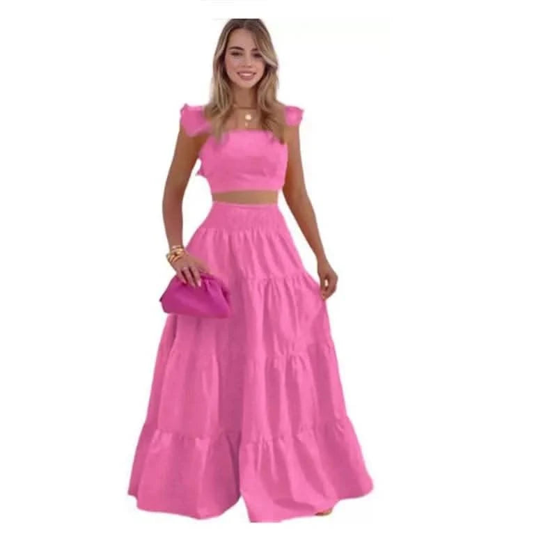 Dress Set Two-piece Women's Clothing Solid Color Sexy Suspender Large Swing Skirt Short Sleeved Square Neck Top Summer Outfits - M & M Global
