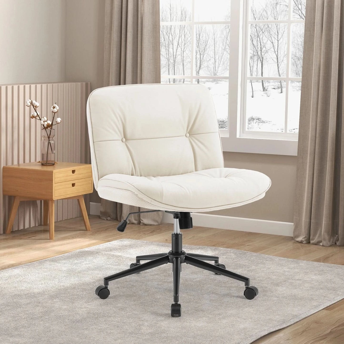 JHK PU Leather Cross Legged Office Chair with Wheels Armless Desk Chair Height Adjustable Swivel Wide Seating for Home Bedroom
