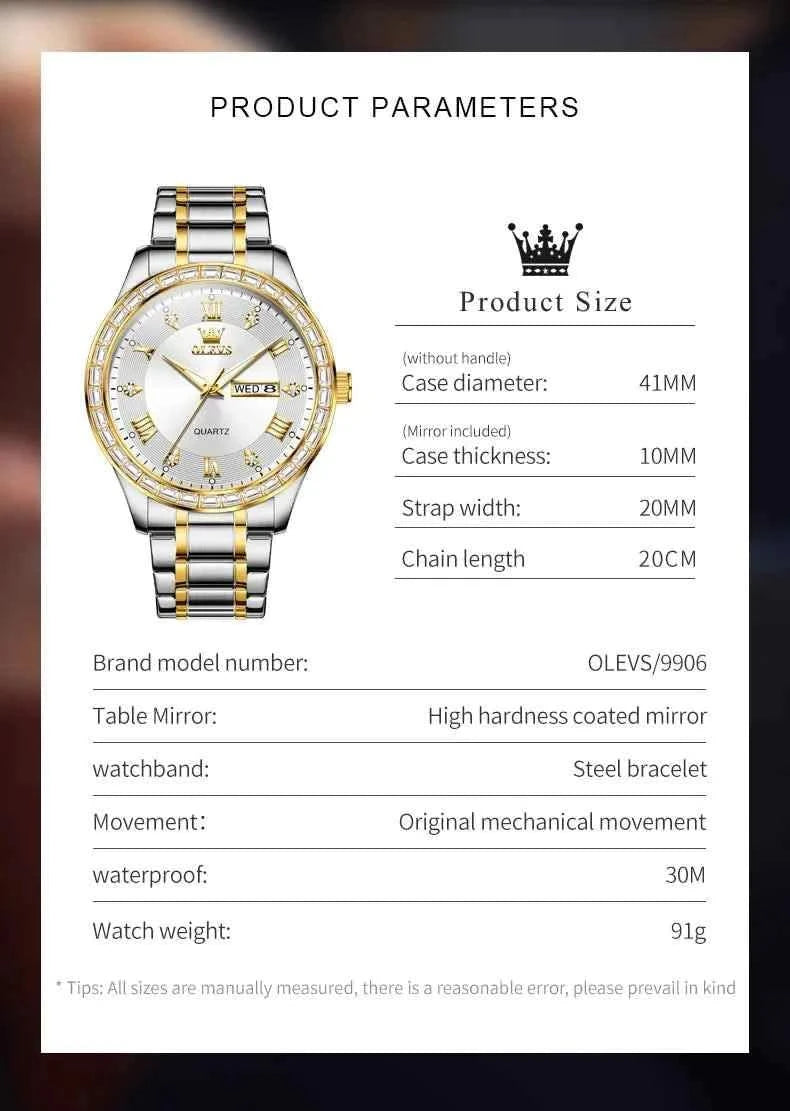 OLEVS 9906 Quartz Men's Watch Classic Fashion Men's Business Waterproof Stainless Steel Diamond dial Top Luxury Brand Men Watch - M & M Global