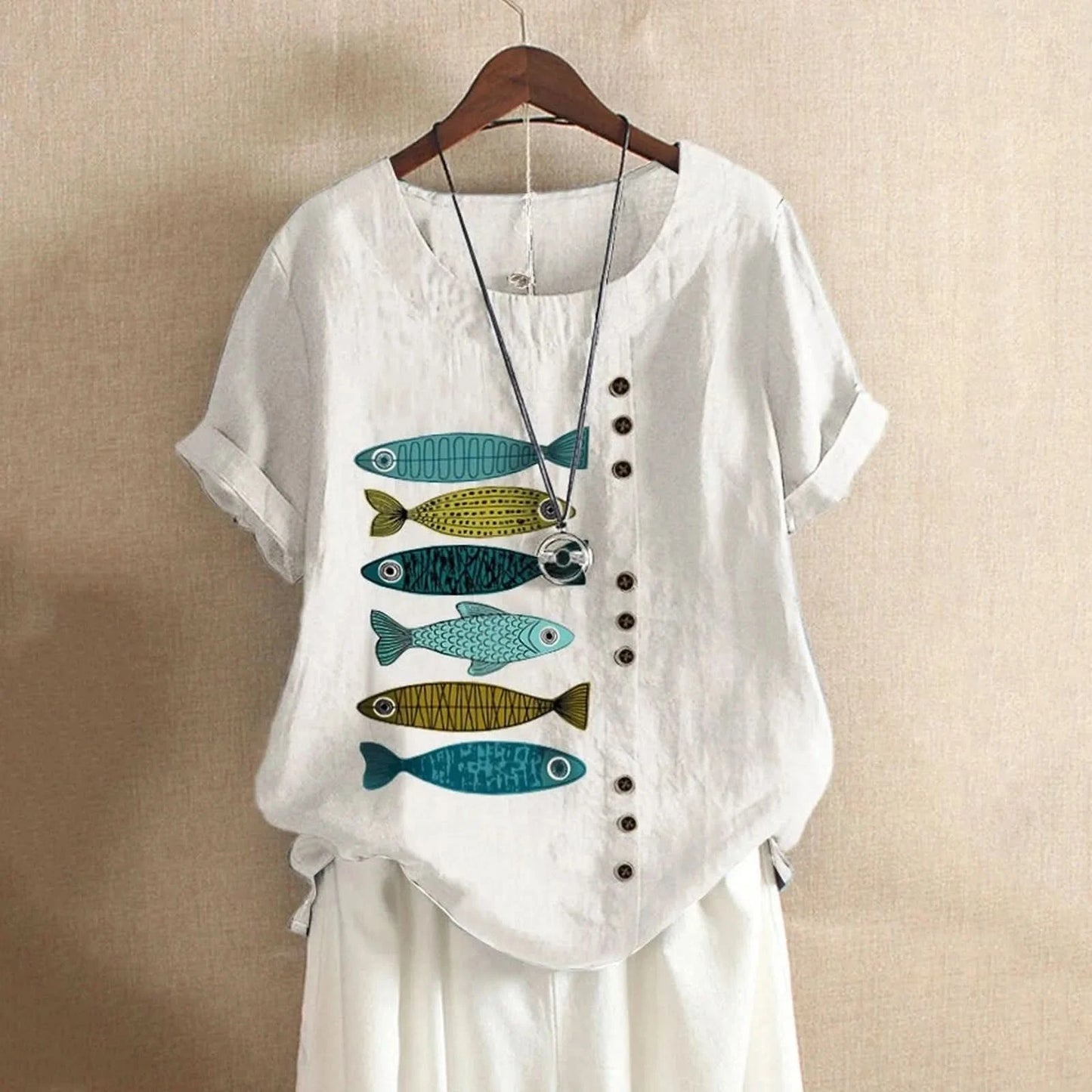 Women Casual Top Boho Short Button Sleeve Loose Blouse Print Fish Shirt Women'S Blouse Casual Cotton And Linen Top Top Mujer - M & M Global