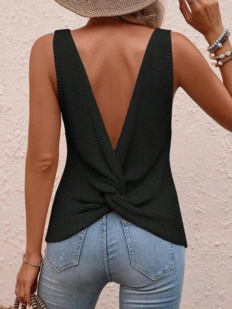 Large back cut and twisted knitted sweater casual sleeveless top for women's summer sweater for women's clothing - M & M Global
