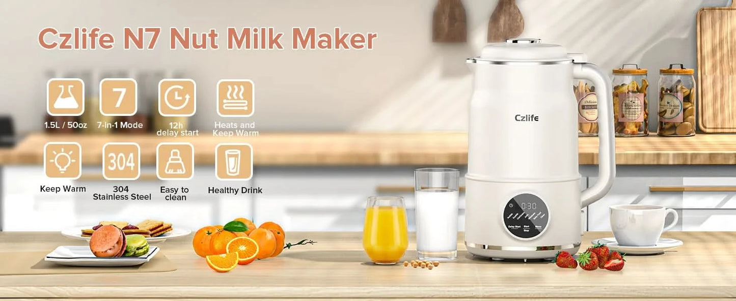 N7 Nut Milk Maker, 50oz (1.5L) Automatic Soy Milk Maker Machine for Homemade Oat Milk, Nutmilk, Juice, Milkshake, Baby Food, Gra - M & M Global
nut milk maker
almond milk maker
soy milk machine
oat milk maker
plant-based milk
vegan milk machine
automatic soy milk maker
homemade milk maker
baby food maker
smoothie blender
juice extractor
centrifugal juicer
1.5L milk maker
50oz capacity blender
kitchen appliances
non-dairy milk
dairy-free milk maker
electric milk maker
self-cleaning milk maker
multi-function