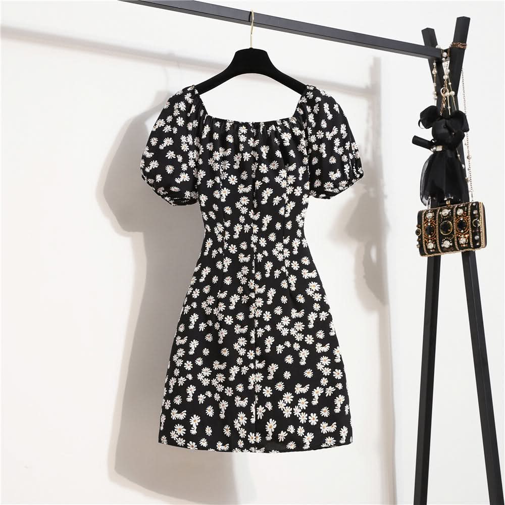 Women Mini Dresses Summer Fashion Female Vestidos Print Floral Chiffon Dresses Shirring Pleated Short Puffy Sleeve Casual Dress - M & M Global