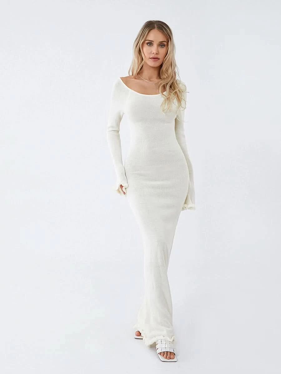 Women's Autumn Winter Knitted Bodycon Dress Long Sleeve Tie Backless Round Neck Solid Color Ruffle Trim Long Dress Beachwear - M & M Global