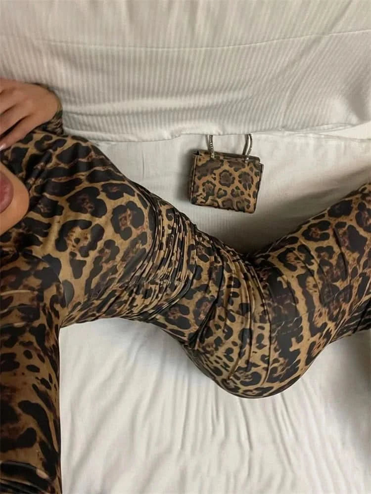 Print Leopard Print Slim Long Dress Women's Fashion Long Sleeve Sexy Party Dress Summer Street Leopard Print Long Dress 2024 New - M & M Global