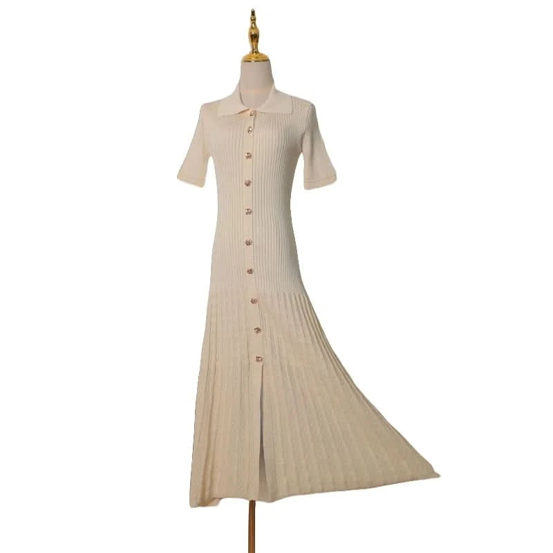 Summer 2024 New Women's Black Beige Single Breasted Knitted Long Dress Green Elegant Office Lady Short Sleeve Pleated Dress Chic - M & M Global