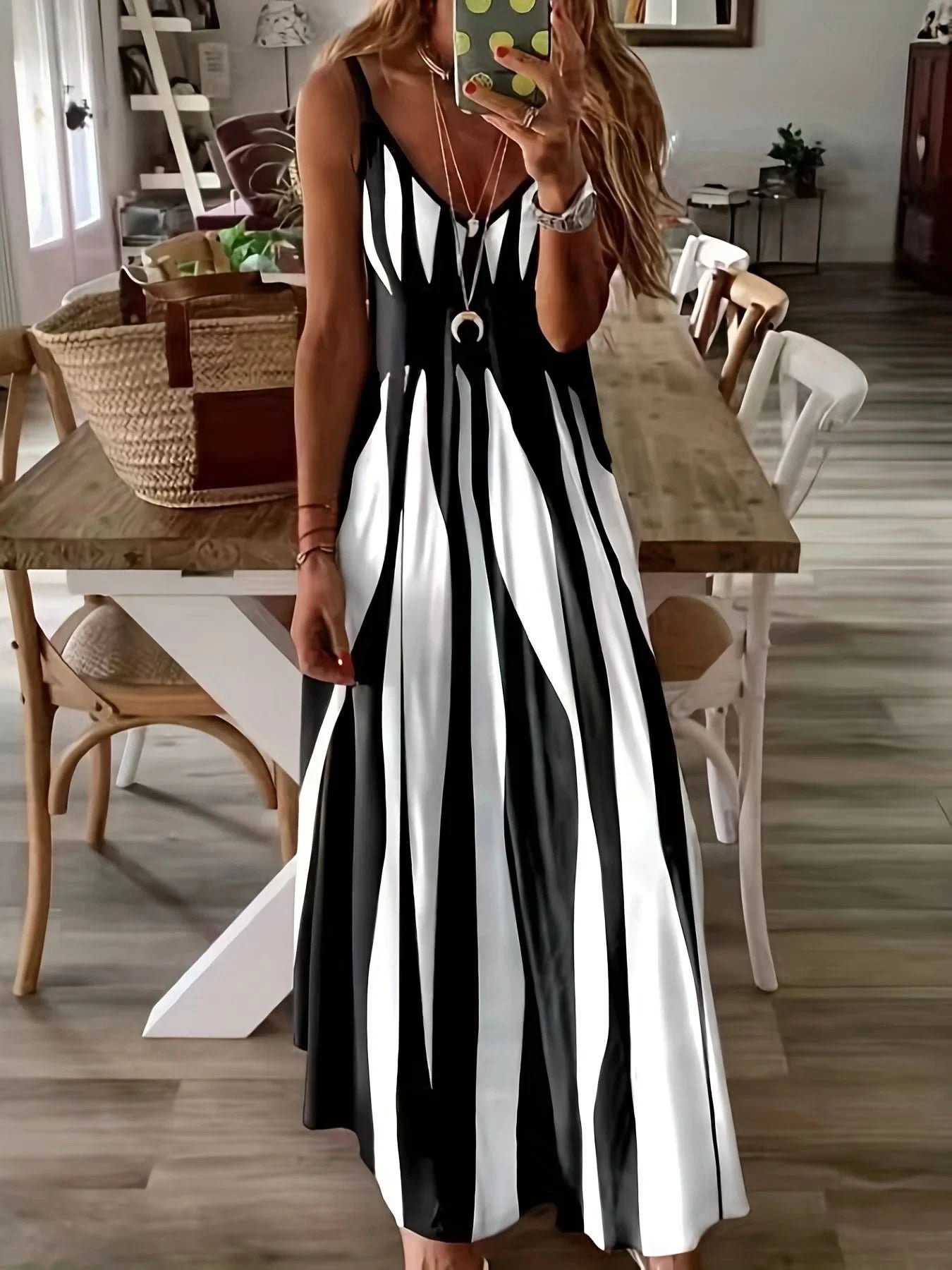 Large size positioning printed spring/summer new V-neck long dress dress - M & M Global