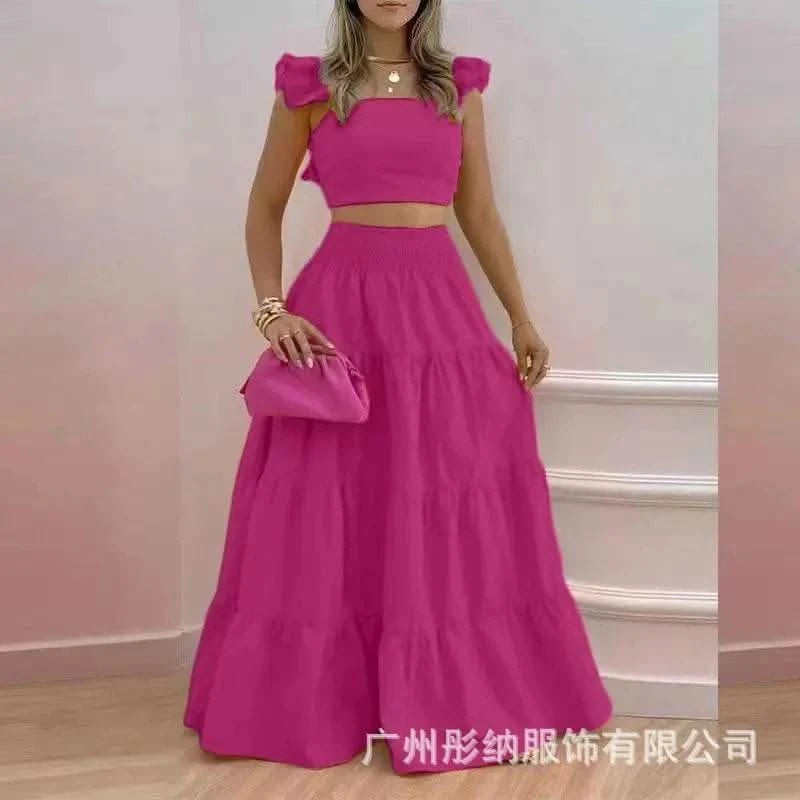 Dress Set Two-piece Women's Clothing Solid Color Sexy Suspender Large Swing Skirt Short Sleeved Square Neck Top Summer Outfits - M & M Global