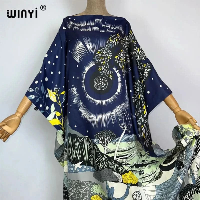 WINYI 2023 new Africa Fashion boho Popular printed twill Kaftan Maxi dress Summer Beach Bohemian Caftan long dress for lady - M & M Global