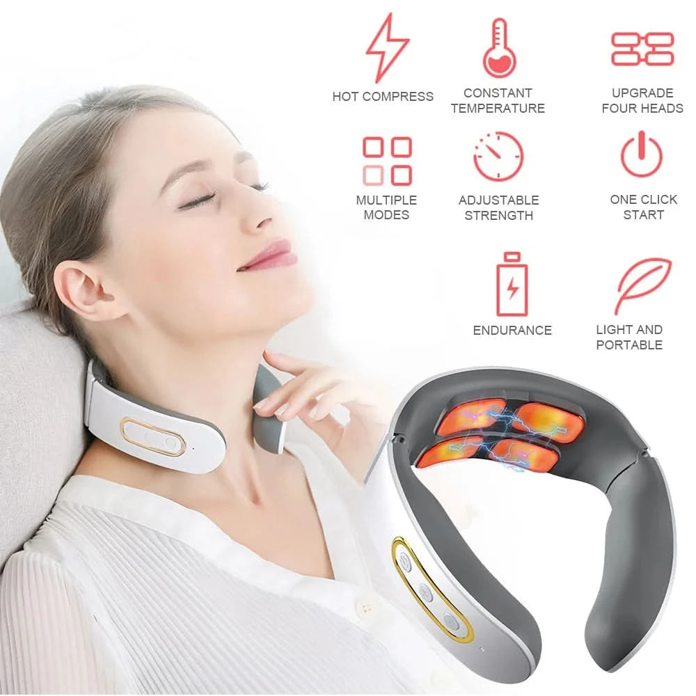 Electric Neck Shoulder Pulse Massager Kneading 4 Head TENS Magnetic Pulse Heating Cervical Vertebra Relax Pain Relief Massage - M & M Global