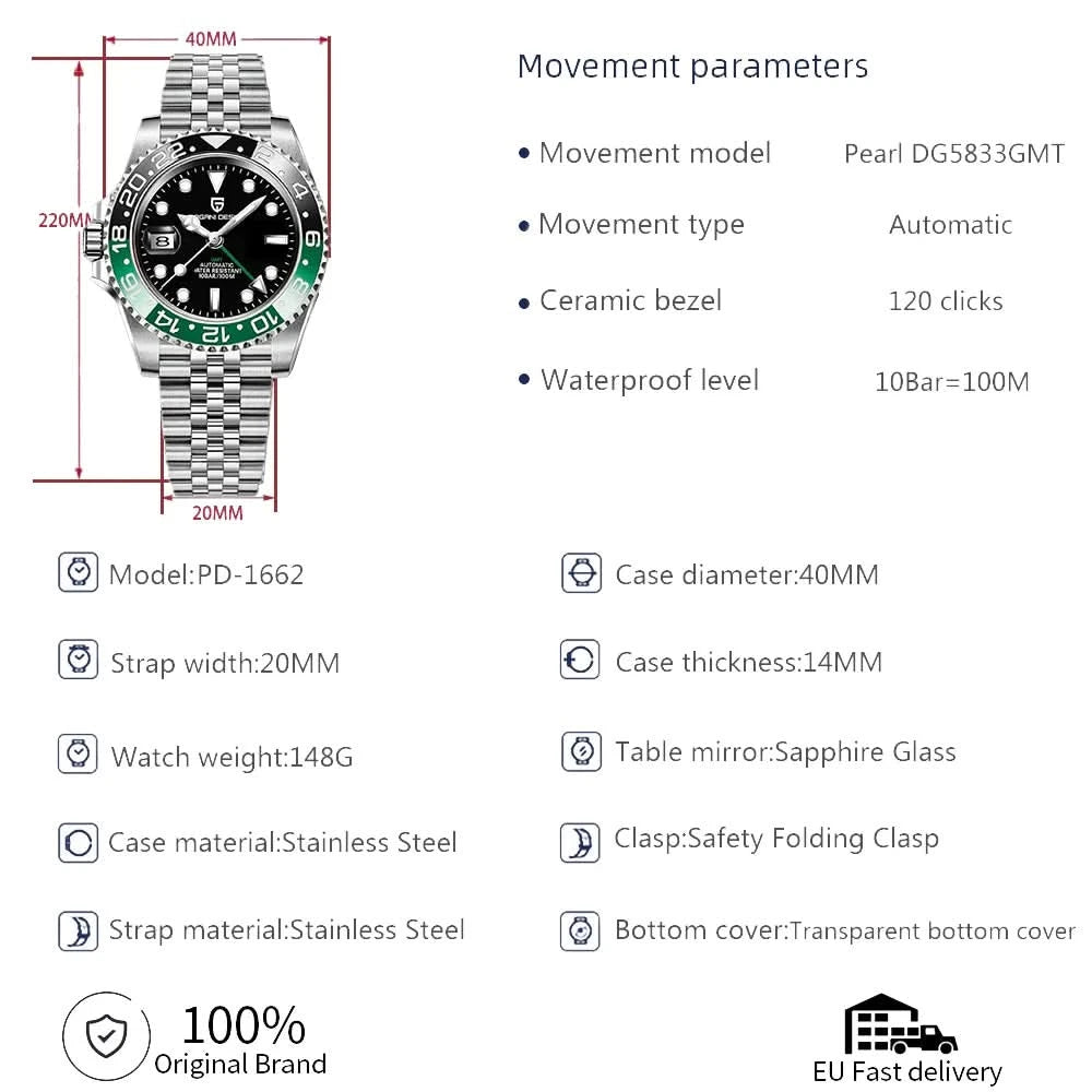 PAGANI DESIGN PD-1662 Luxury GMT Men Mechanical Wristwatch Sapphire Glass Stainless Steel 100M Waterproof Automatic Watches - M & M Global