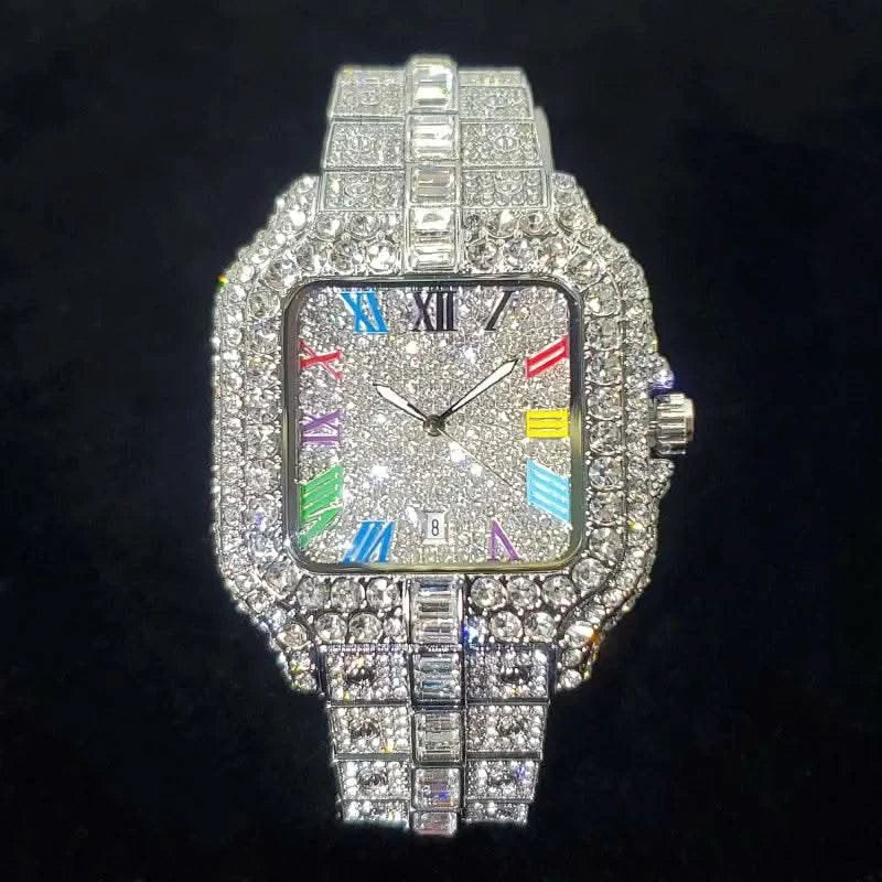2025 UNIGUET Luxury Diamond Watch For Men With Rainbow Dial Calendar Quartz Watches Fashion Hip Hop Iced Out Wristwatch Man Gift - M & M Global