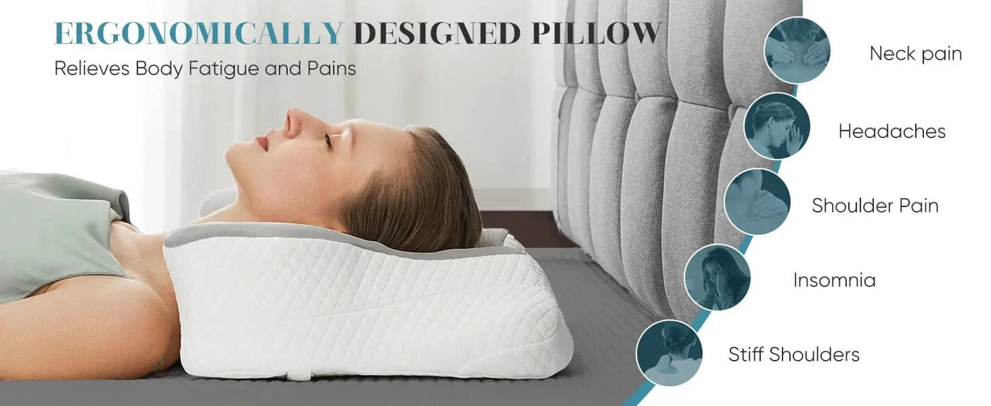 JHK Ergonomic Cervical Contour Neck Pillows For Neck Pain Relief Memory Foam Bed Pillow Neck Pillow with Cooling Pillowcase
