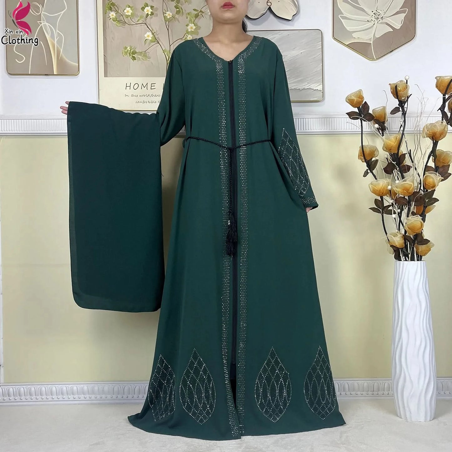 New Muslim Abayas For Women Long Sleeved Dress Dubai Lady Elegant Long Dress Islam Clothing African Abaya Loose Robe With Turban - M & M Global