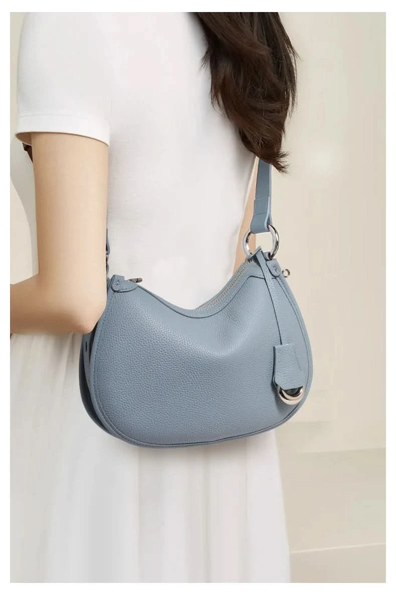 Top layer cowhide underarm shoulder bag 2025 new niche design minimalist blue fashionable soft leather saddle bag - M & M Global