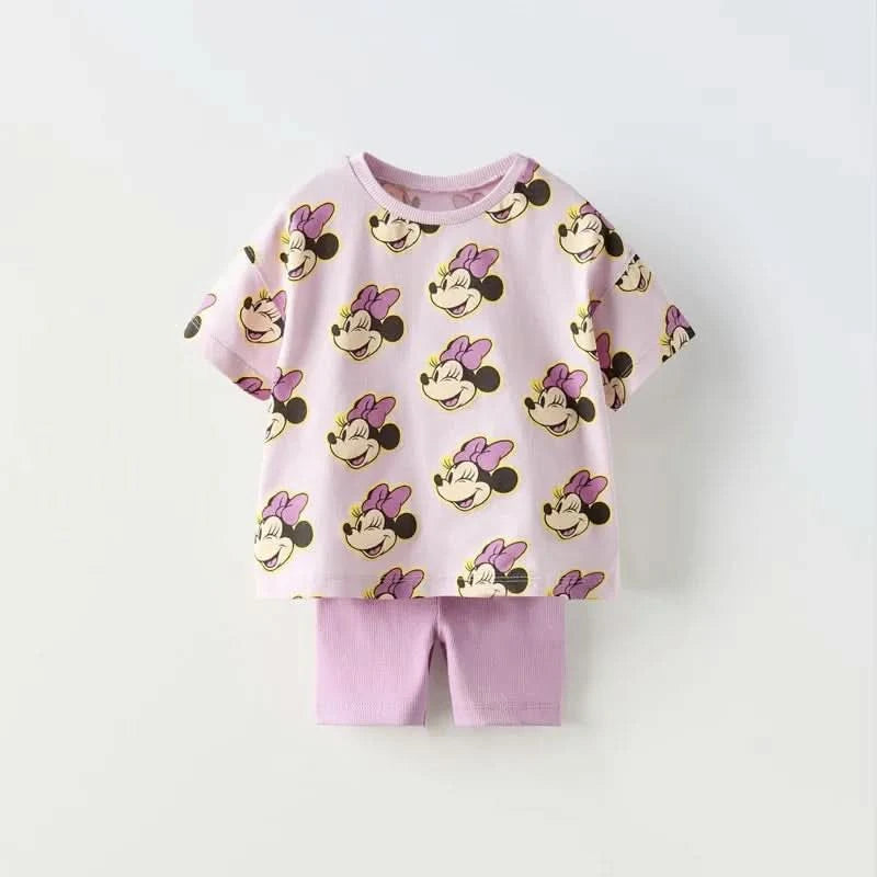 Disney Cartoon Girl Clothing Short Sleeve Suit Lovely Fashion Children's Loose Tees Tight Shorts Summer Kids Two Piece Set 9M-7Y - M & M Global