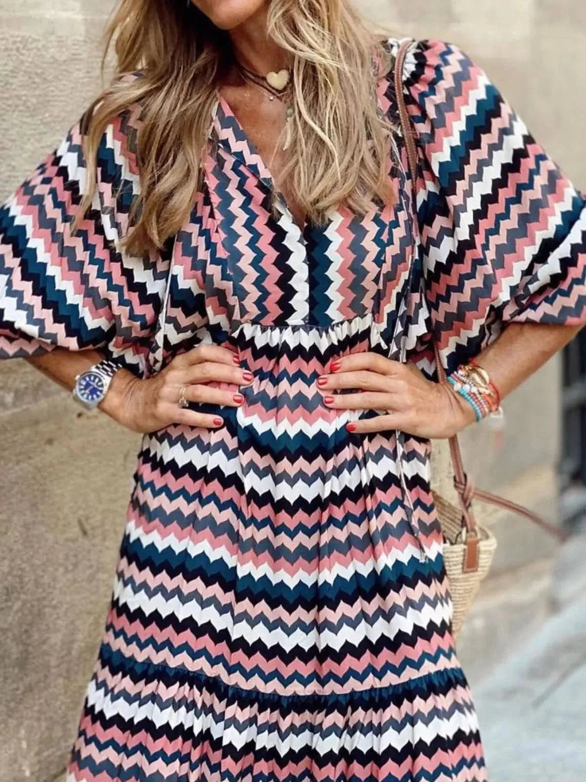 Summer Puff Sleeve Long Dress Women Geometric Print Half Sleeve Dress Boho V-Neck Loose Holiday Beach Dress Vestidos - M & M Global