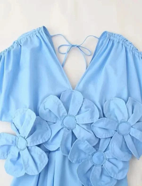 Blue V-Neck Waist-Fitted Bow-Decored Long Dress For Women Fashionable And Elegant European And American Style - M & M Global
