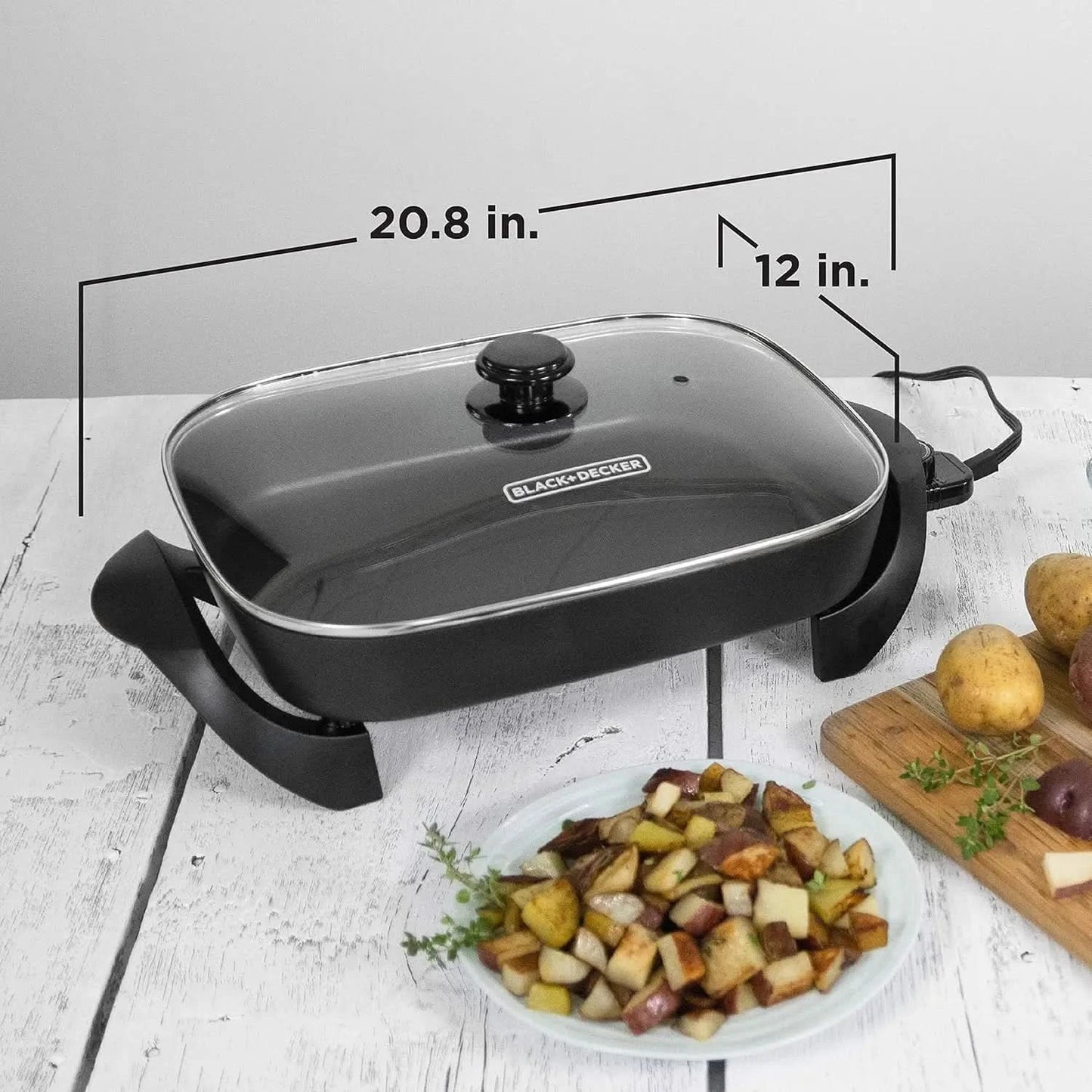Electric Skillet, Variable Temperature Control, Nonstick Cooking Surface, Dishwasher Safe, Tempered Glass Lid, 12"x15" - M & M Global