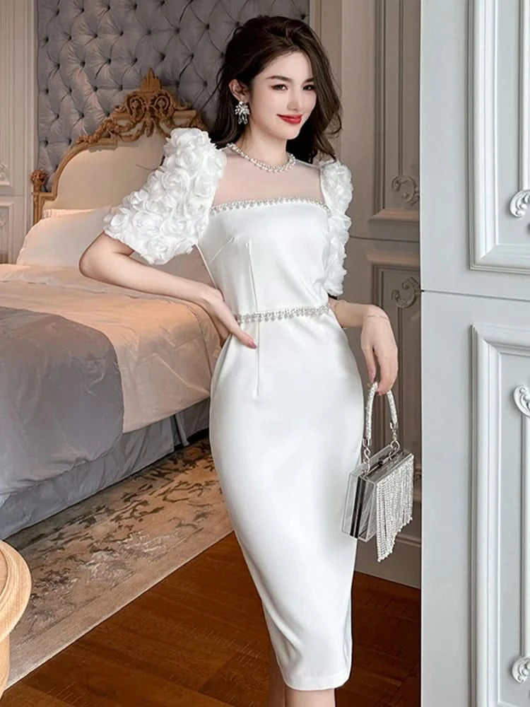 Fashion Elegant Formal Dresses Sweet Celebrity Beaded White Long Dress Sheer Mesh Flowers Split Robe Femme Prom Party Vestidos - M & M Global