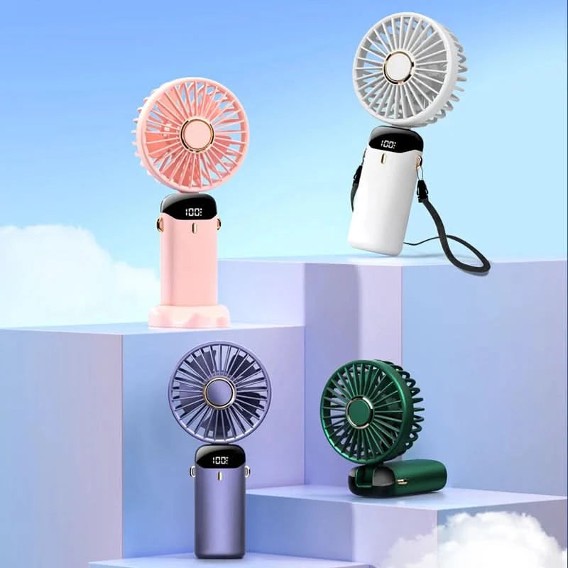 USB Handheld Mini Fan Foldable Portable Neck Hanging Fans 5 Speed USB Rechargeable Fan with Phone Stand and Display Screen - M & M Global