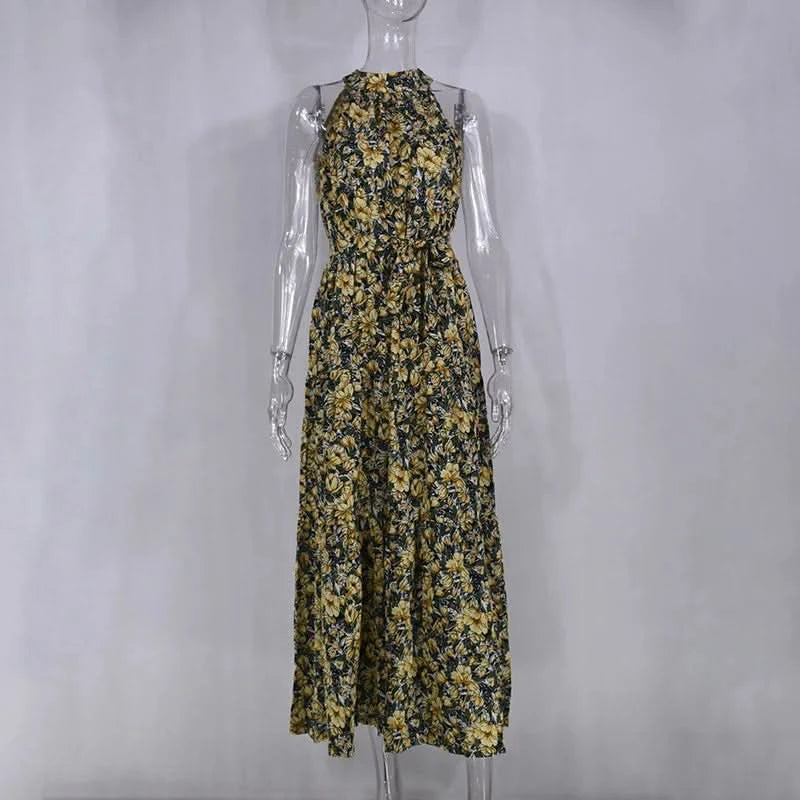 Summer Floral Print Halter Neck Dresses For Women Sleeveless Leace-up Long Dress Casual Beach Holiday Vestidos Female Clothing - M & M Global