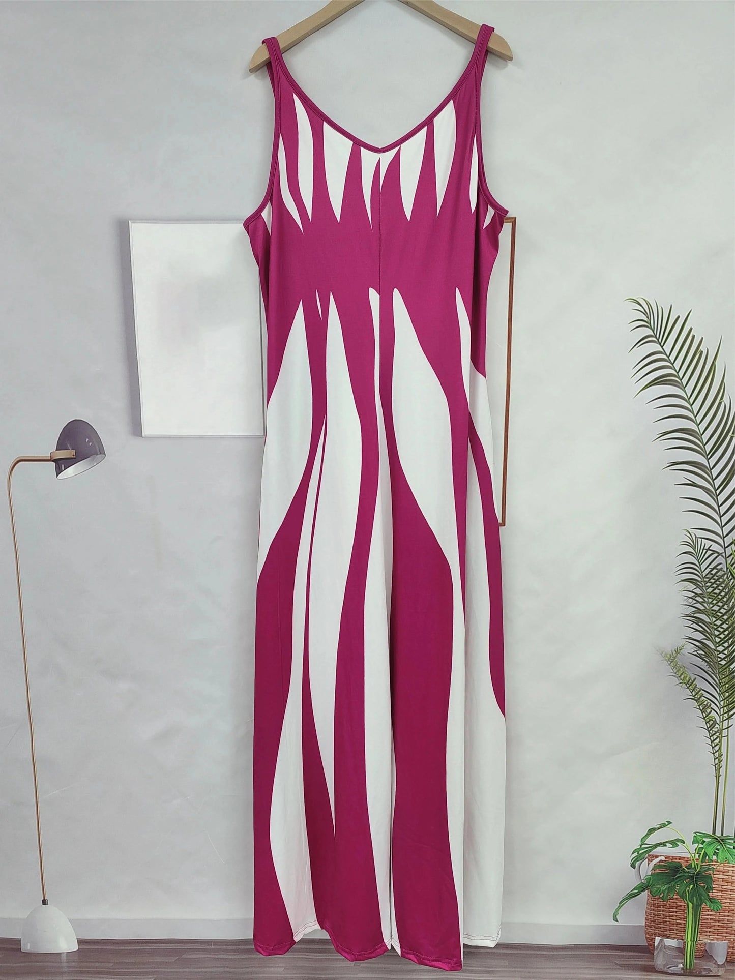 Large size positioning printed spring/summer new V-neck long dress dress - M & M Global
