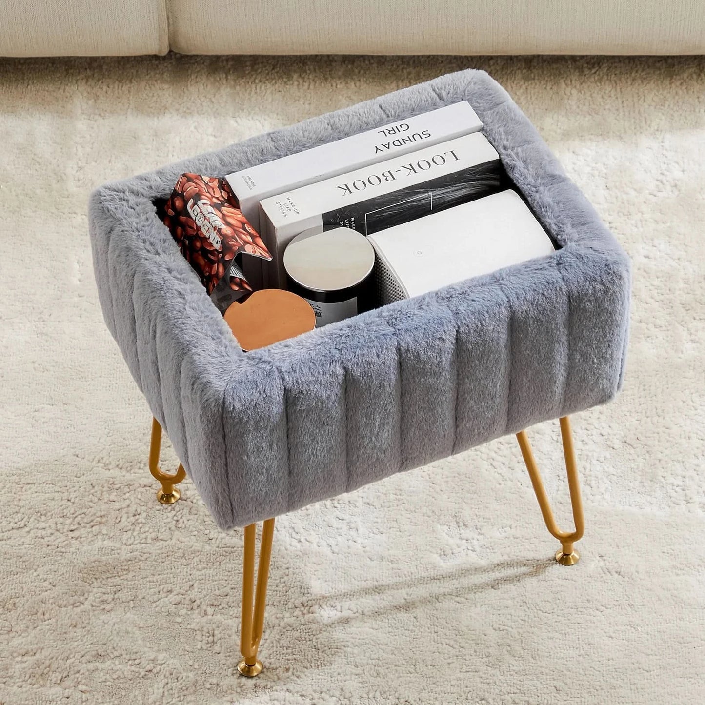 JHK Faux Fur Bedroom seating Hidden Storage Stools Ottomans Padded Makeup with 4 Metal Legs Anti-Slip Adjustable Feet for Home