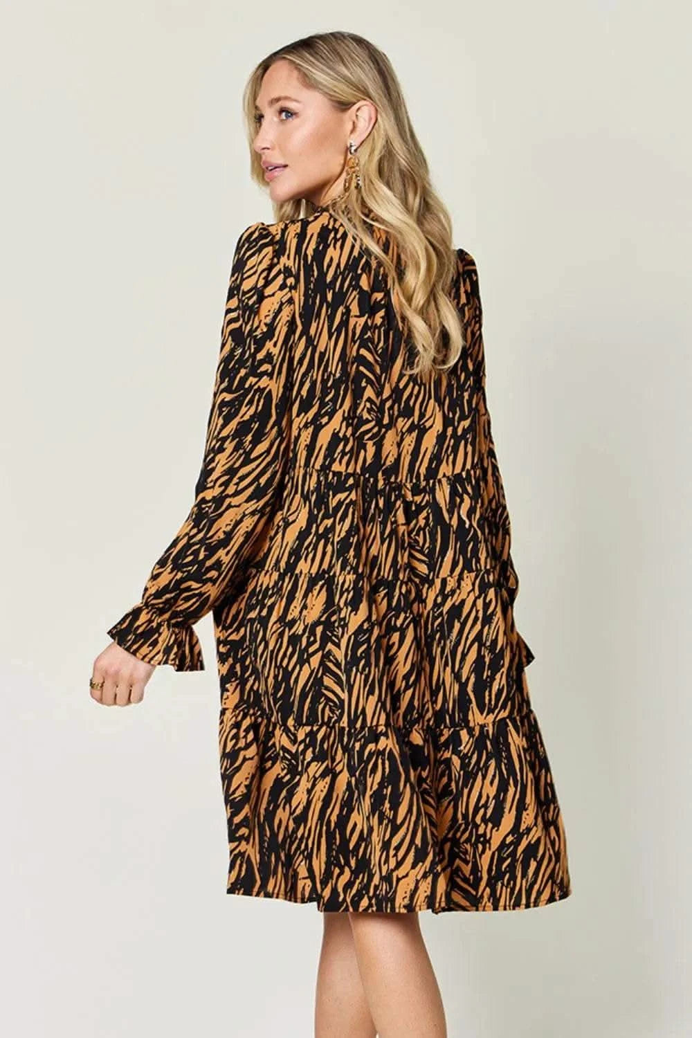 Double Take Full Size Printed Ruffle Hem Long Sleeve Dress - M & M Global