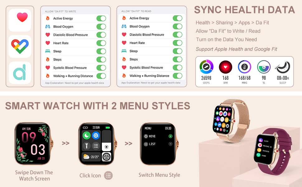 Smart Watch for Women(Call Receive/Dial), Fitness Tracker Smartwatch for Android iOS Phones Heart Rate Sleep Monitor Pedometer