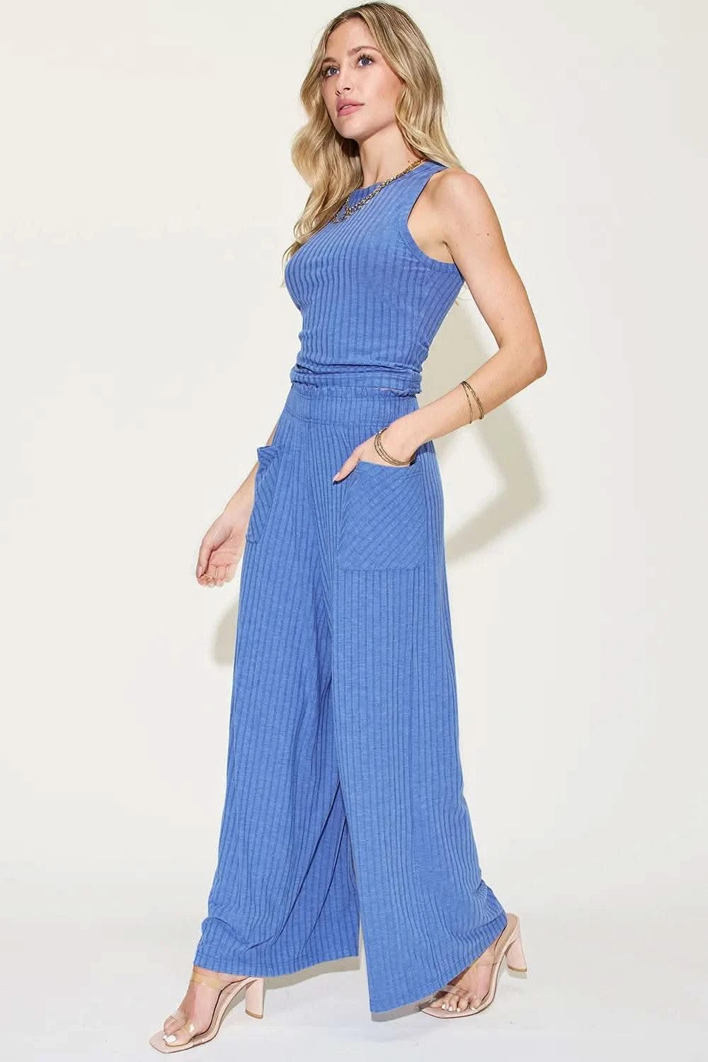 Basic Bae Full Size Ribbed Tank and Wide Leg Pants Set - M & M Global