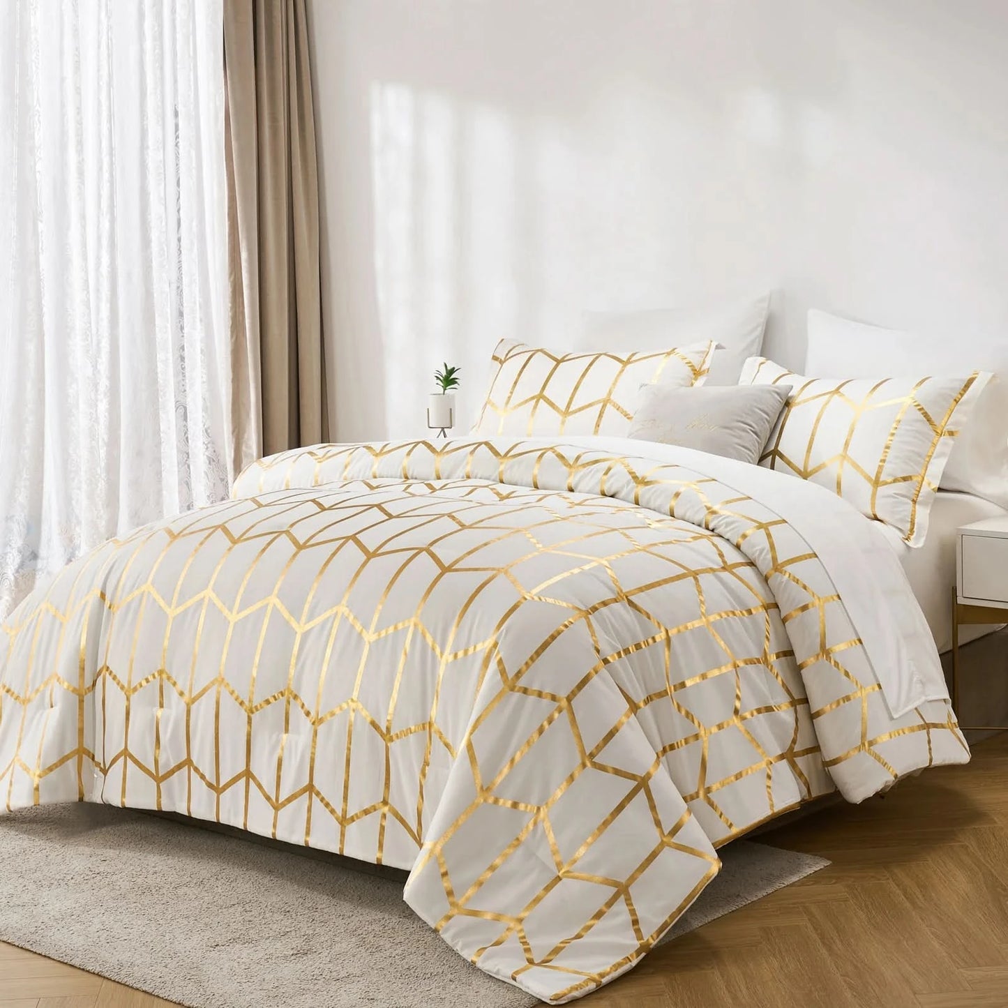 Bed with gold geometric patterned comforter and pillows in a bright
bedroom.
Comfora Cozy Bedding Set
sage green bedding
white bedding set
comforter set queen
floral duvet cover
Comfora Cozy Bedding Set
plush comforter set cozy pack
ultra-soft all-season comforter and shams
luxury cozy bedding set online
warm textured comforter set King/Queen
Green Plant Bedding
Botanical Quilt Set
Nature Print Bedding
5 Piece Bedding Set
7 Piece Bedding Set