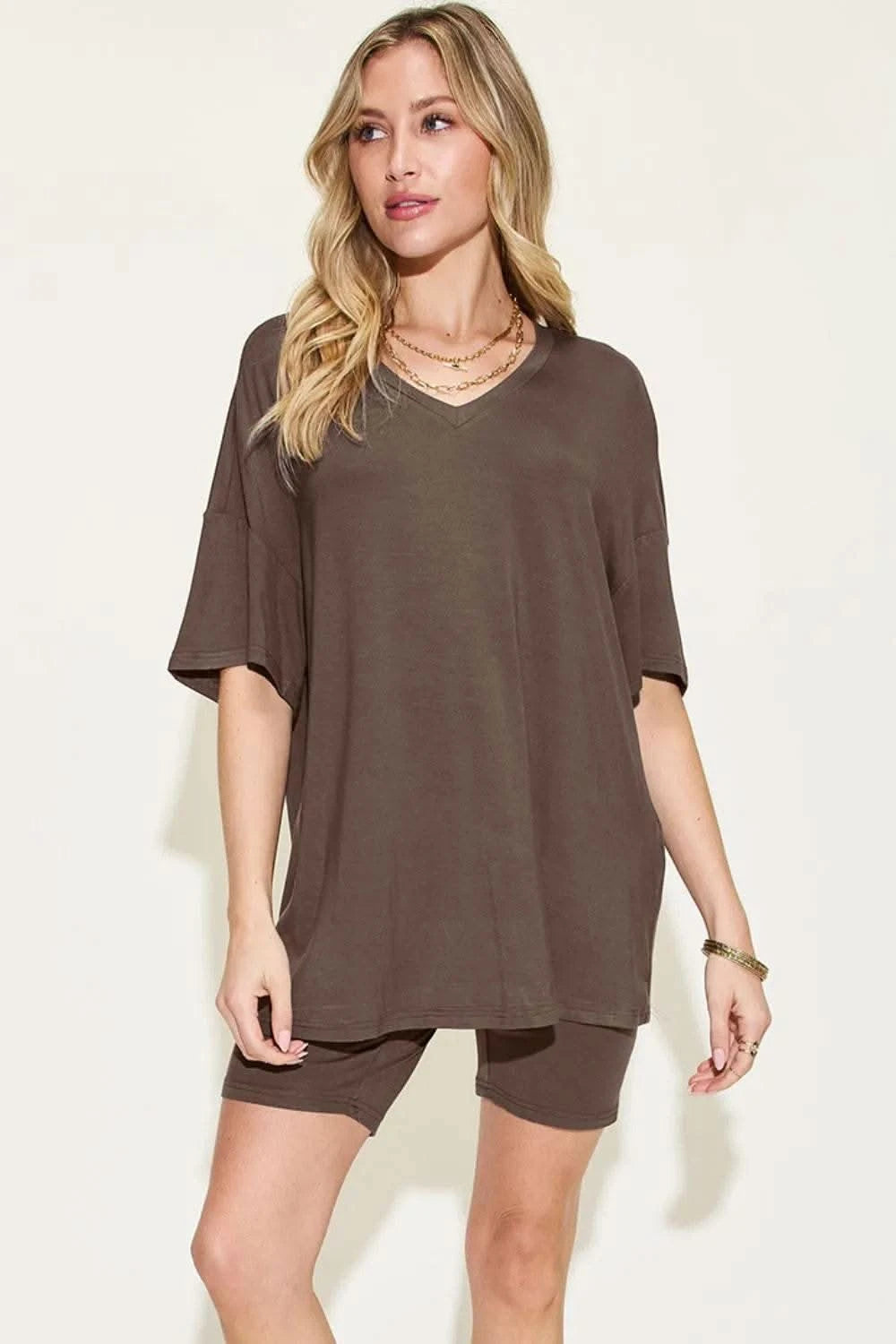 Basic Bae Full Size V-Neck Drop Shoulder T-Shirt and Shorts Set - M & M Global