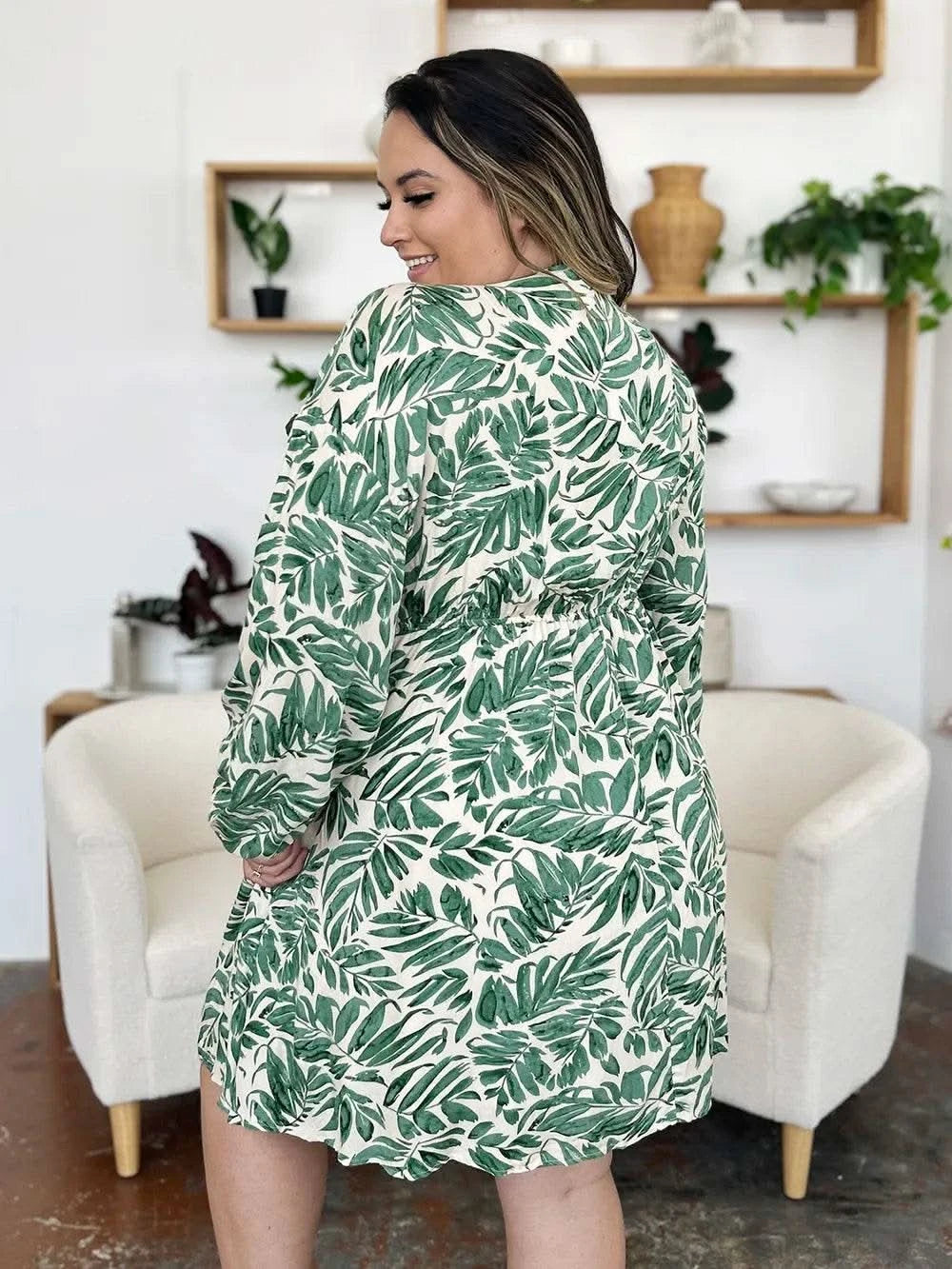 Double Take Full Size Printed Ruched Balloon Sleeve Dress - M & M Global