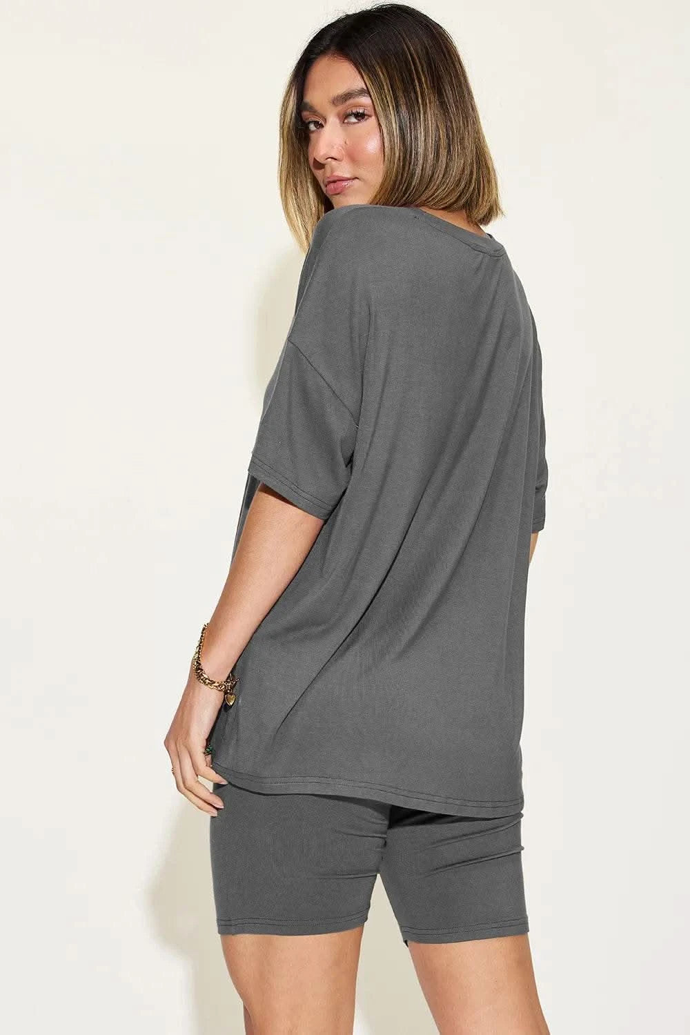 Basic Bae Full Size V-Neck Drop Shoulder T-Shirt and Shorts Set - M & M Global