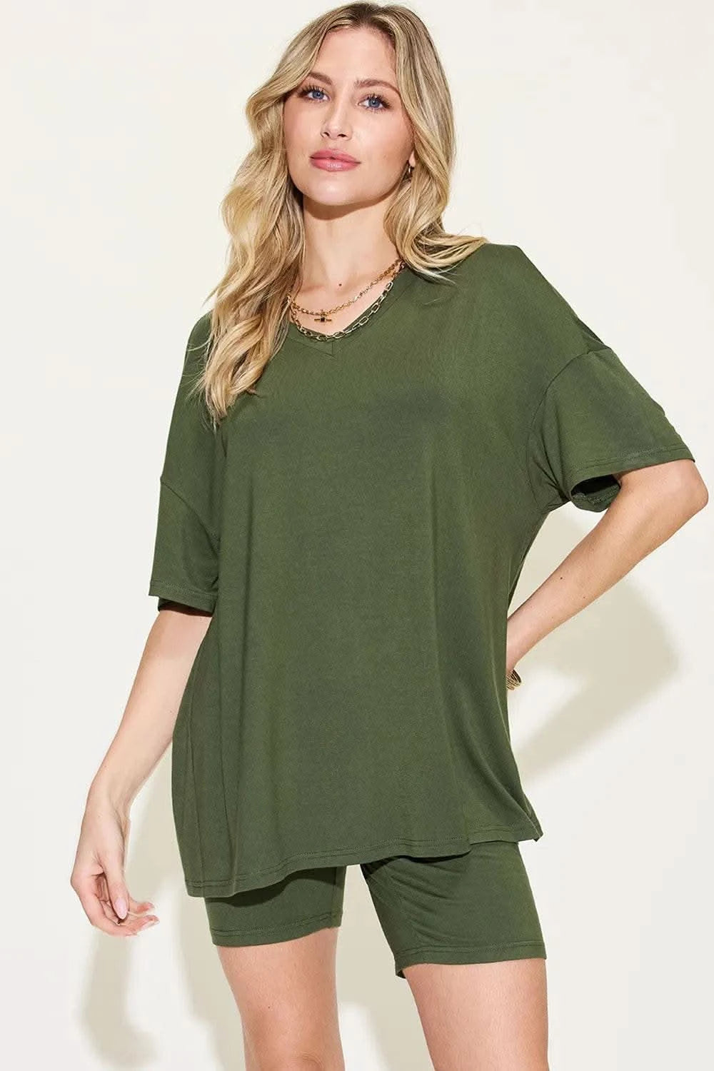 Basic Bae Full Size V-Neck Drop Shoulder T-Shirt and Shorts Set - M & M Global
