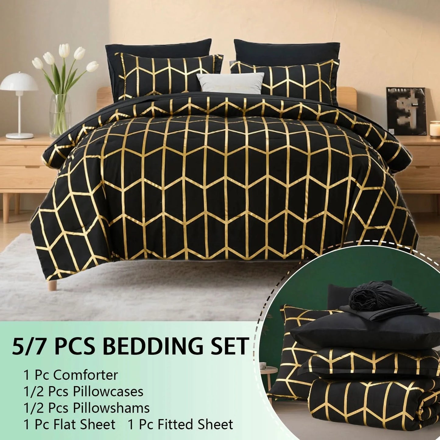 Black and gold geometric bedding set with comforter, pillowcases, and flat sheet on a bed.
Comfora Cozy Bedding Set
sage green bedding
white bedding set
comforter set queen
floral duvet cover
Comfora Cozy Bedding Set
plush comforter set cozy pack
ultra-soft all-season comforter and shams
luxury cozy bedding set online
warm textured comforter set King/Queen
Green Plant Bedding
Botanical Quilt Set
Nature Print Bedding
5 Piece Bedding Set
7 Piece Bedding Set