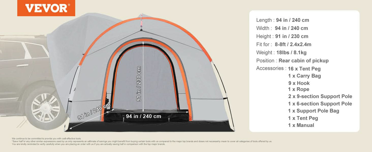VEVOR SUV Camping Tent 8'-8' SUV Tent Attachment for Camping with Rain Layer and Carry Bag PU2000mm Double Layer Truck Tent