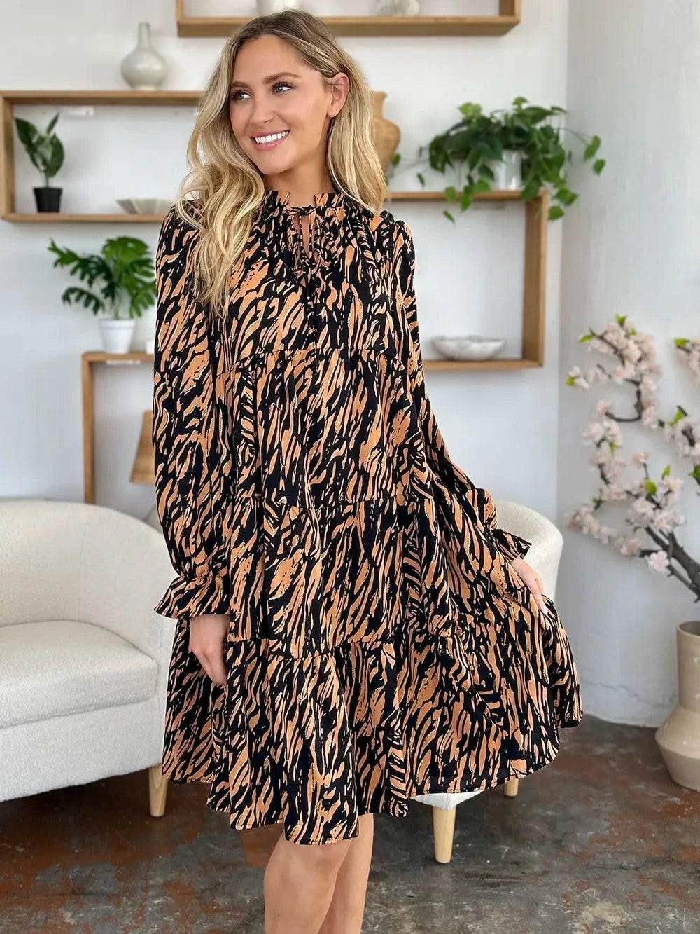Double Take Full Size Printed Ruffle Hem Long Sleeve Dress - M & M Global
