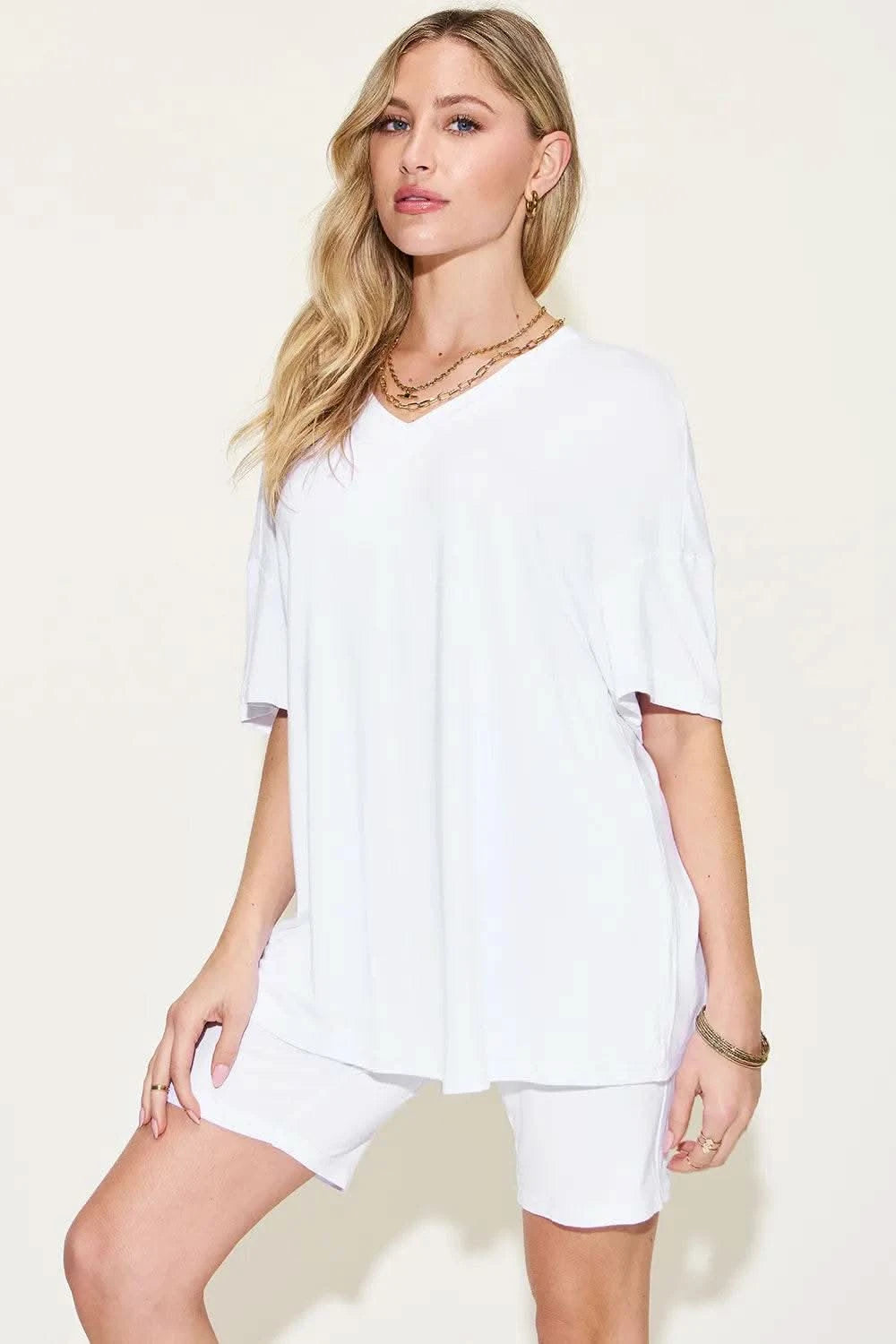 Basic Bae Full Size V-Neck Drop Shoulder T-Shirt and Shorts Set - M & M Global