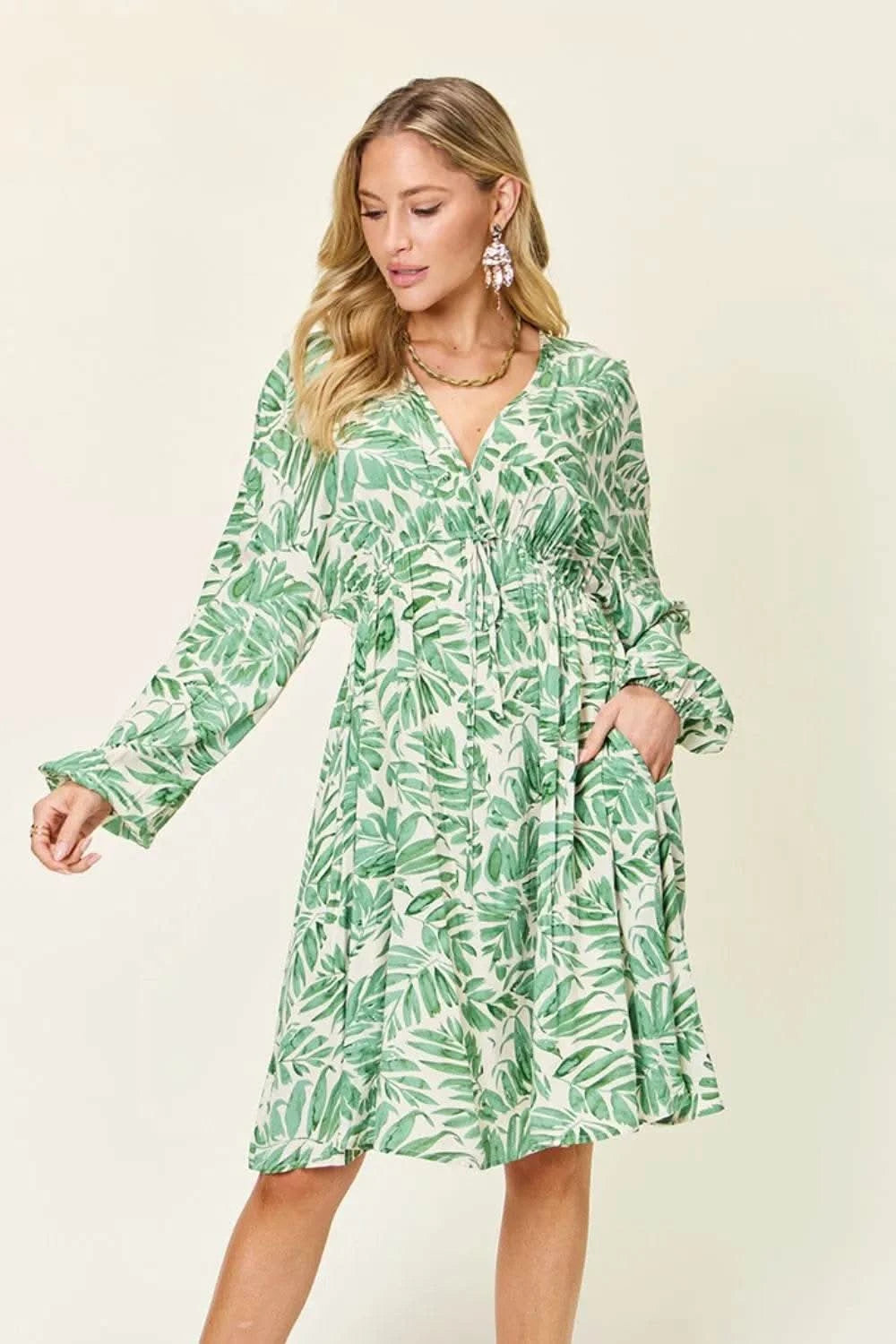 Double Take Full Size Printed Ruched Balloon Sleeve Dress - M & M Global