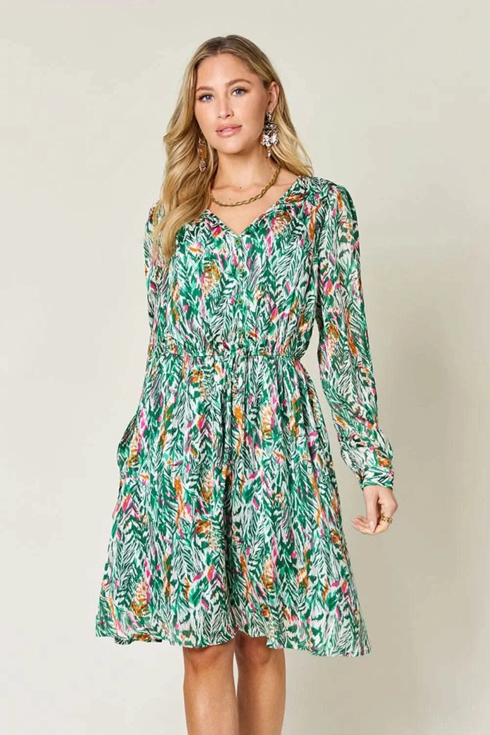 Double Take Full Size Printed Drawstring Waist Long Sleeve Dress - M & M Global