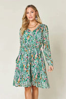 Double Take Full Size Printed Drawstring Waist Long Sleeve Dress - M & M Global