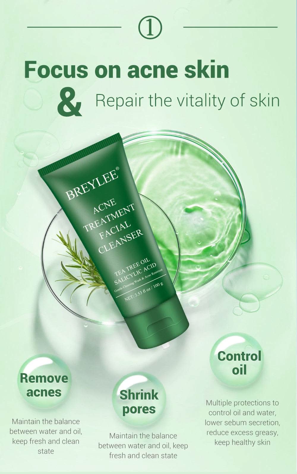 BREYLEE Acne Treatment Set 4pcs Facial Cleanser Toner Serum Cream Skin care - M & M Global