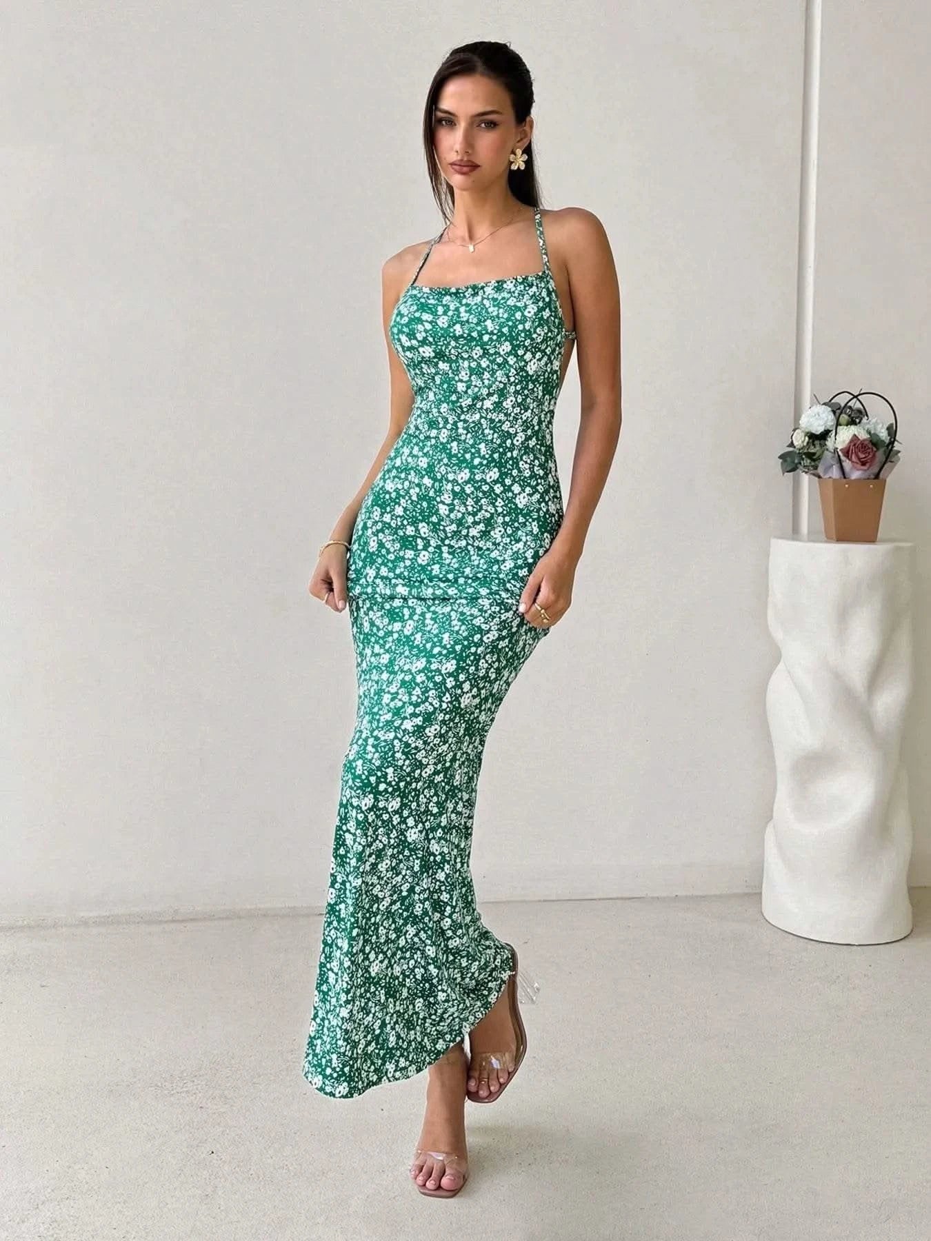 Crisscross Back Floral Print Bodycon Maxi Dress - M & M Global