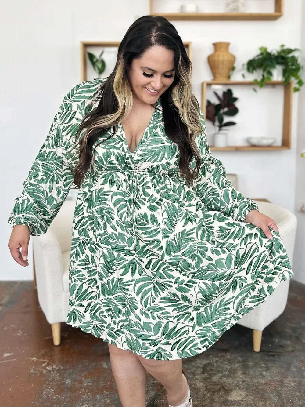 Double Take Full Size Printed Ruched Balloon Sleeve Dress - M & M Global